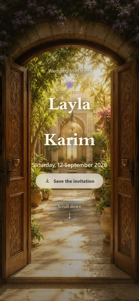 The Door of Joy invitation as a guest sees it: Cinematic · Wood & Lilac