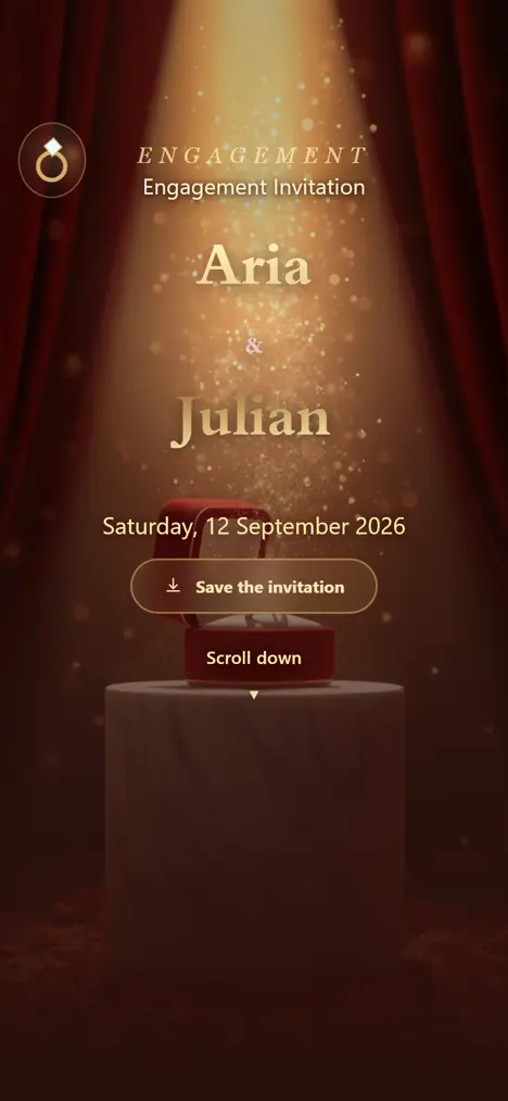 The Velvet Ring invitation as a guest sees it: Cinematic · Velvet & Gold